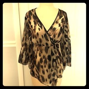 Vintage Mock wrap leopard print sheer V-neck